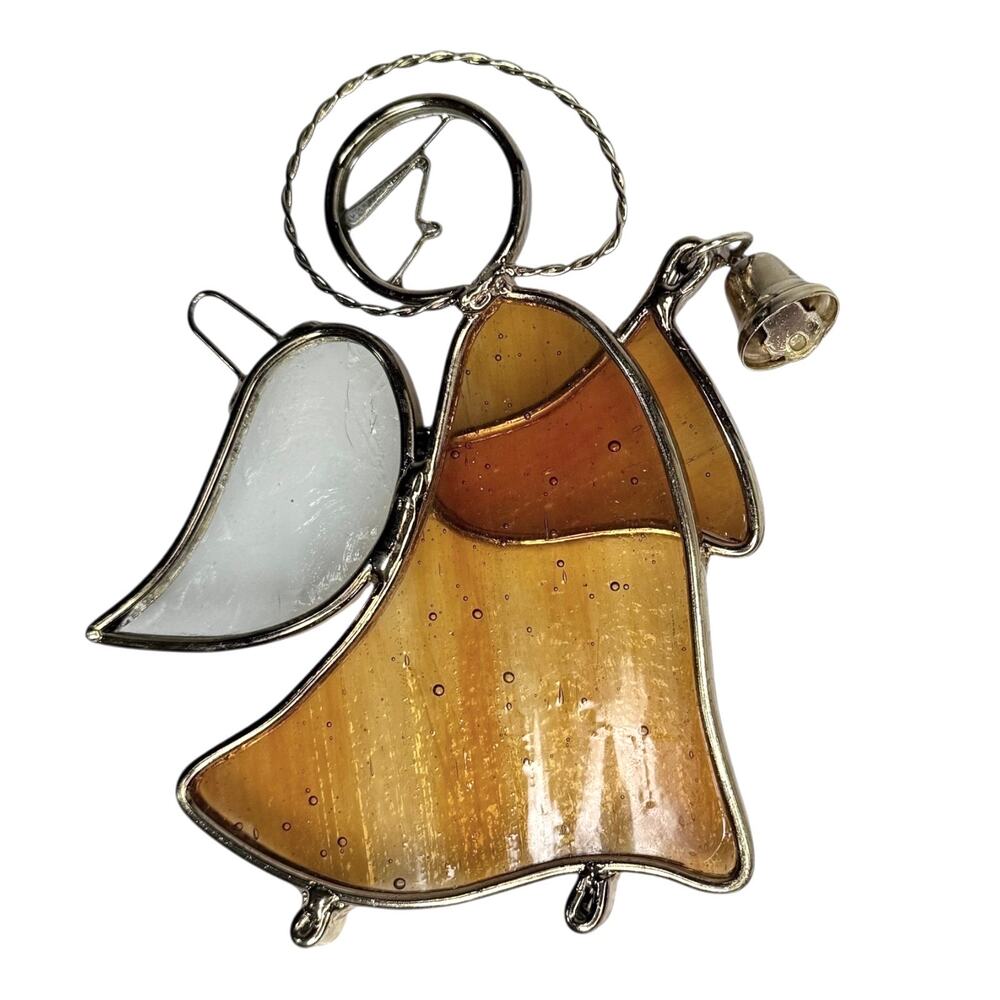 Angel Stained Glass Ornament Gold Bell Charm 5" Sun Catcher Hanging Decor Amber